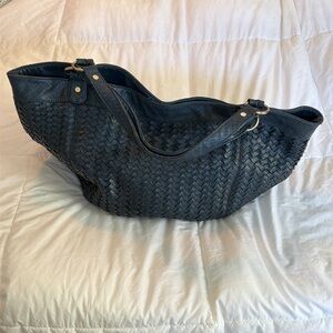 Neiman Marcus navy blue woven “vegan leather” bag stylish showing some wear